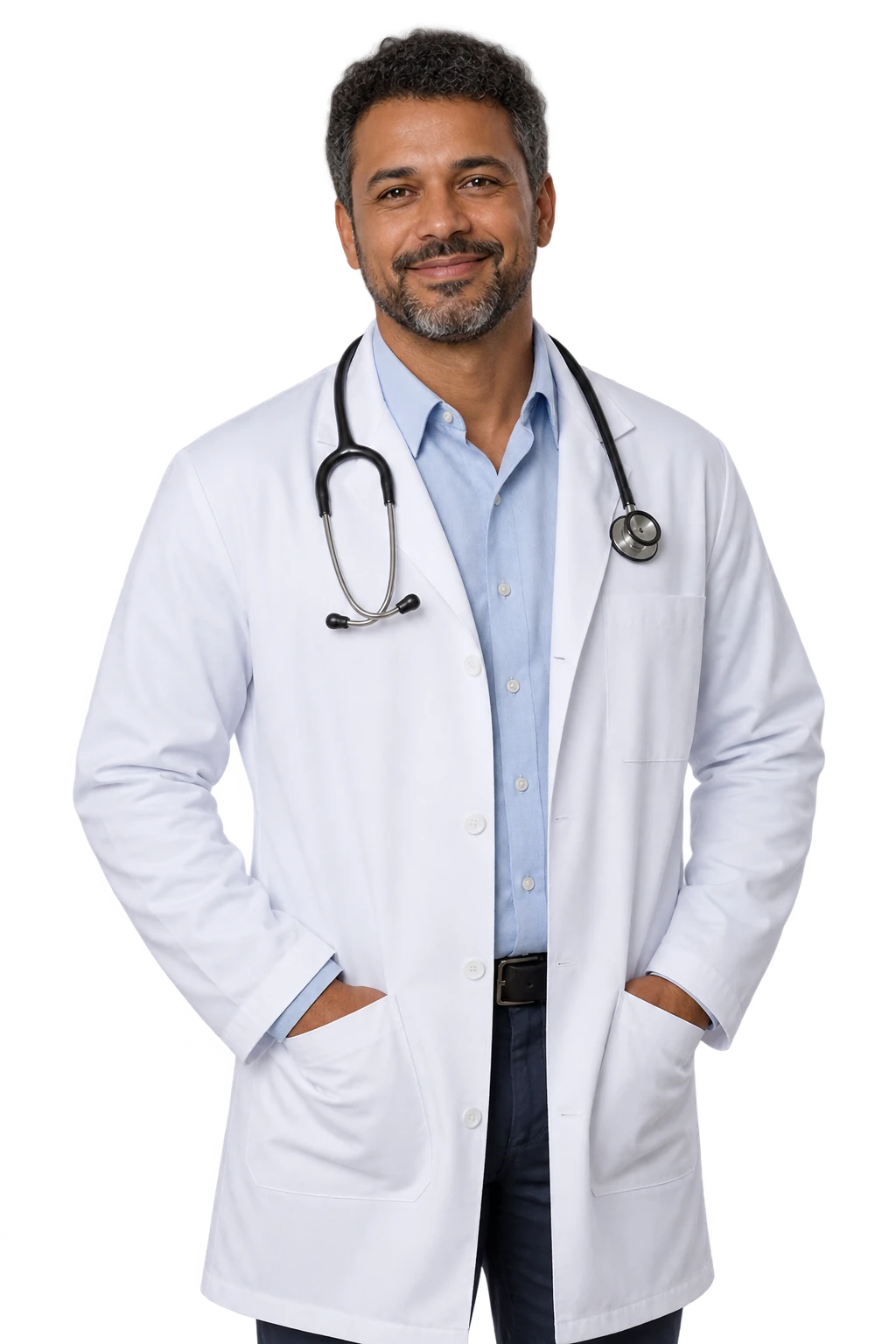 Imagem ilustrativa de médico de jaleco com expressão acolhedora